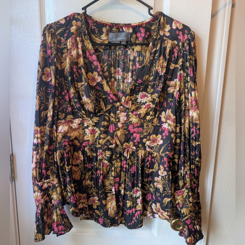 Anthropologie Deep-V Floral Tunic Button Down Top
